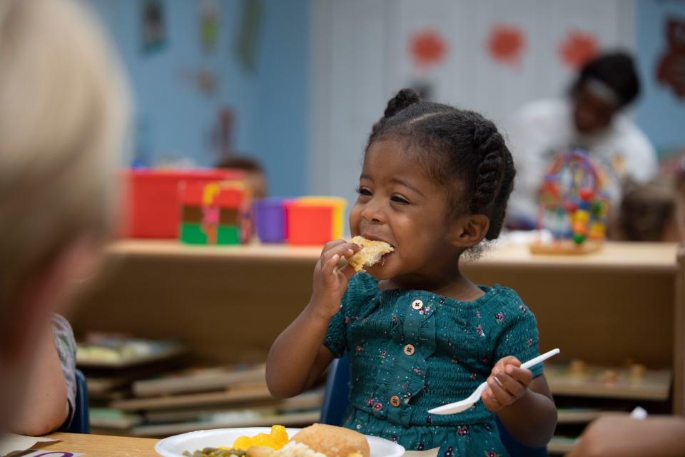 The children eat their lunch at St. Mary Villa Child Development Center in Nashville, Tenn., Monday, Sept. 25, 2023.