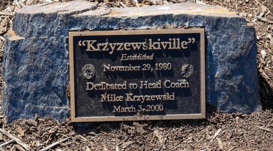 A plaque dedicated 22 years ago marks Krzyzewskiville on the Duke University campus. For more than 40 years students have erected a tent city adjacent to Cameron Indoor Stadium to earn a ticket to the rivalry game against North Carolina.