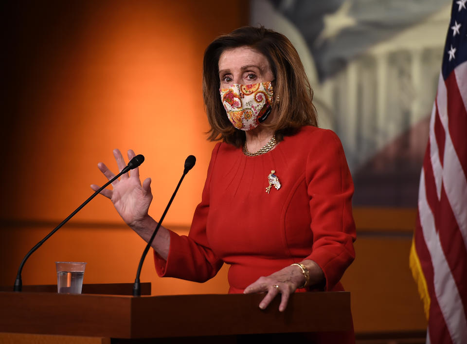 House Speaker Nancy Pelosi answers questions during her a press briefing on Capitol Hill Thursday. (Olivier Douliery/AFP via Getty Images)