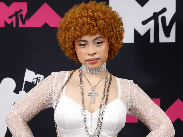 <p>Taylor Hill/FilmMagic</p> Ice Spice poses in the press room at the 2023 MTV Video Music Awards on September 12, 2023 in Newark, New Jersey.