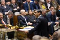 In this handout photo provided by the UK Parliament, Britain's Prime Minister Rishi Sunak speaks during Prime Minister's Questions in the House of Commons in London, Wednesday, March 22, 2023. (Roger Harris/UK Parliament via AP)