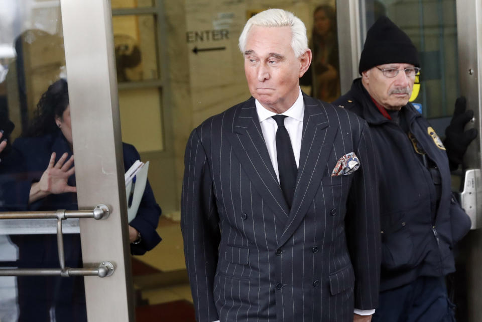 Former campaign adviser for President Donald Trump, Roger Stone, leaves federal court in Washington, Friday, Feb. 1, 2019. Stone was back in court in the special counsel's Russia investigation as prosecutors say they have recovered "voluminous and complex" potential evidence in the case, including financial records, emails and computer hard drives. (AP Photo/Pablo Martinez Monsivais)
