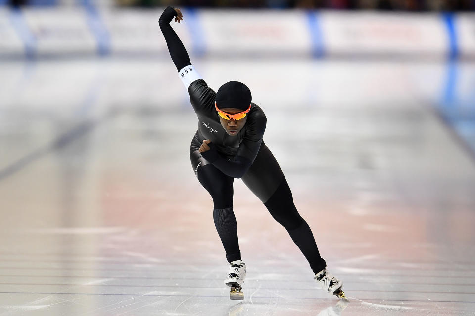 Erin Jackson competes in the Ladies 500 meter event during the Long Track Speed Skating Olympic Trials at the Pettit National Ice Center on January 5, 2018 in Milwaukee, Wisconsin.