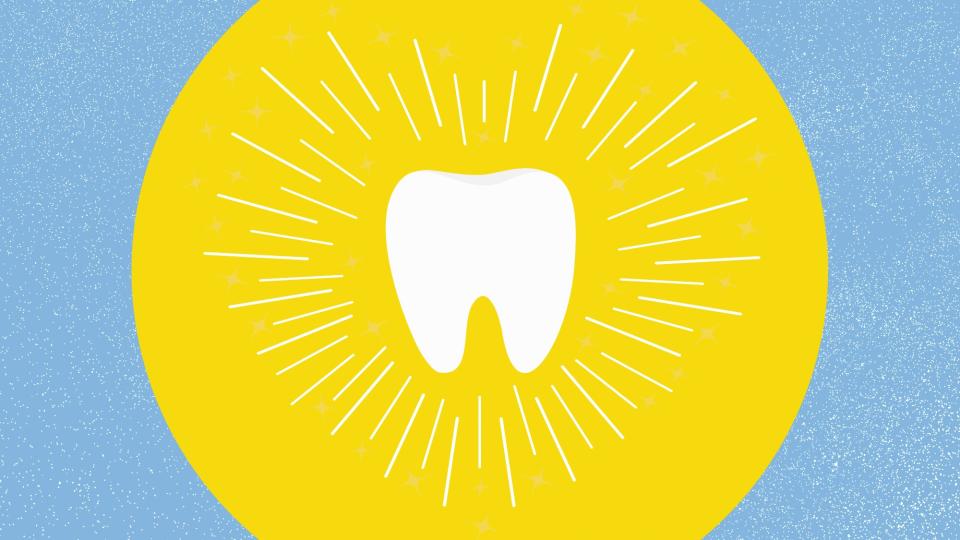 An illustration of a tooth with illumination lines on a designed background