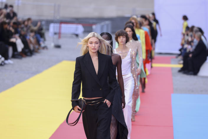 Gigi Hadid wears a creation for the Stella McCartney ready-to-wear Spring/Summer 2023 fashion collection presented Monday, Oct. 3, 2022 in Paris. (Photo by Vianney Le Caer/Invision/AP)