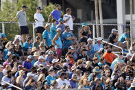 Fans pack bleachers as they watch the Jacksonville Jaguars NFL football practice, Saturday, July 31, 2021, in Jacksonville, Fla. (AP Photo/John Raoux)