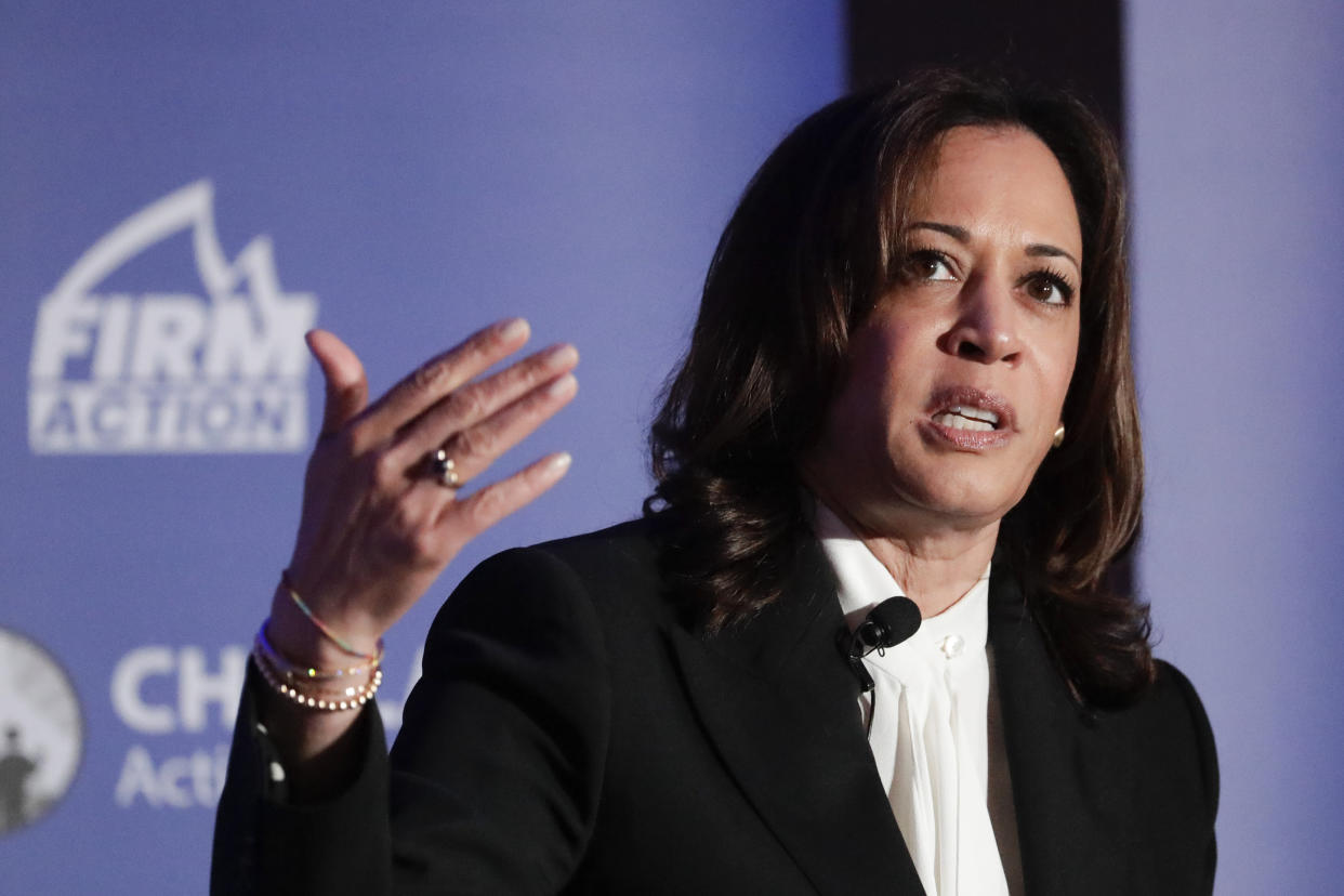 Sen. Kamala Harris, D-Calif., speaks during a campaign event at the Unity and Freedom Presidential Forum on May 31 in Pasadena, Calif. (Photo: Chris Carlson/AP)