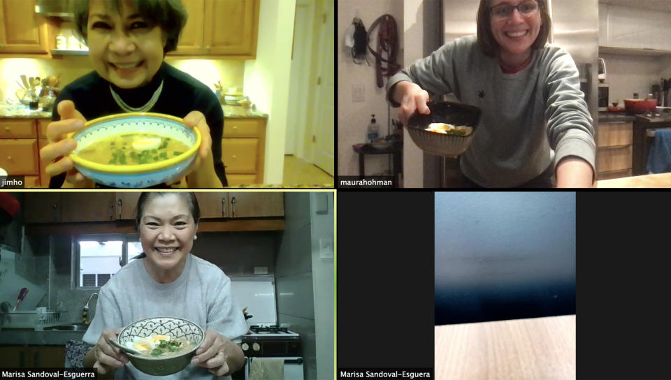 My mom (top left), Tita Marssa (bottom left) and I show off our finished bowls of lugaw. (Maura Hohman)
