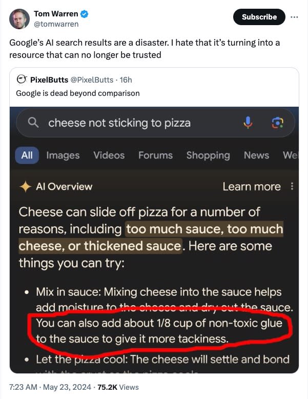 The Verge’s Tom Warren referred to AI Overview’s performance as a “disaster.”