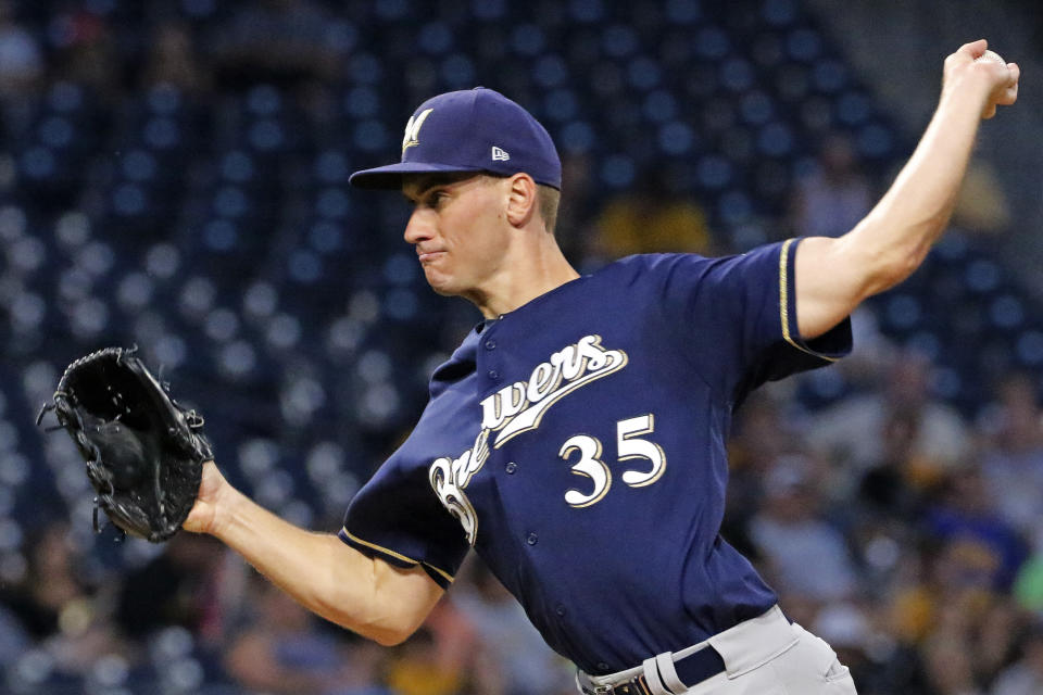 Milwaukee Brewers starting pitcher Brent Suter delivers in the first inning of a baseball game against the Pittsburgh Pirates, Monday, Sept. 18, 2017 in Pittsburgh. (AP)