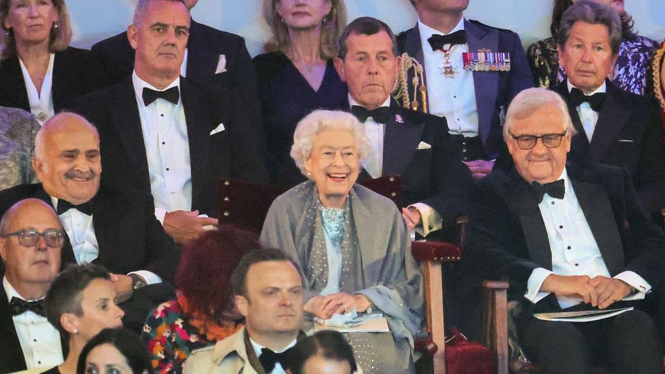 Queen Elizabeth II during the "A Gallop Through History" performance as part of the official celebrations for Queen Elizabeth II's Platinum Jubilee at the Royal Windsor Horse Show at Home Park on May 15, 2022 in Windsor, England