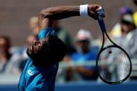 Sep 4, 2016; New York, NY, USA; Gael Monfils of France serves against Marcos Baghdatis of Cyprus (not pictured) on day seven of the 2016 U.S. Open tennis tournament at USTA Billie Jean King National Tennis Center. Monfils won 6-3, 6-2, 6-3. Mandatory Credit: Geoff Burke-USA TODAY Sports