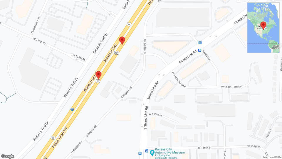 A detailed map that shows the affected road due to 'Broken down vehicle on eastbound I-35 in Olathe' on July 16th at 12:44 p.m.