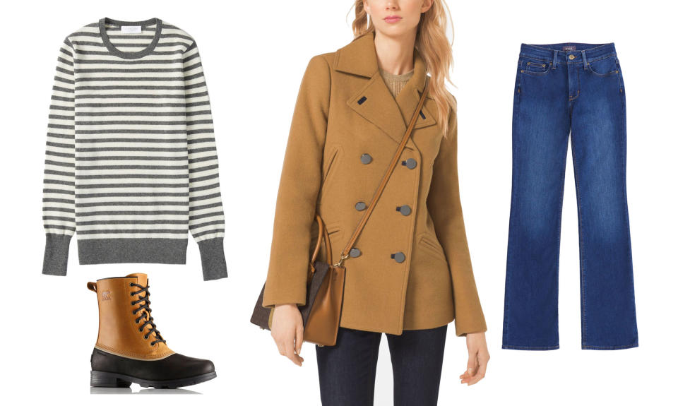 <p>Spencer’s all-American look is perfect to wear to work on a snowy day or simply for a weekend stroll through the park. Chances are you already own jeans and boots to match the look. Add a stylish pea coat and a striped sweater, and you’re good to go. </p>