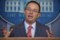 FILE - In this Oct. 17, 2019 file photo, acting White House chief of staff Mick Mulvaney speaks in the White House briefing room in Washington. House impeachment investigators have asked Mulvaney to testify about his “first-hand knowledge” of President Donald Trump’s dealings with Ukraine. (AP Photo/Evan Vucci)