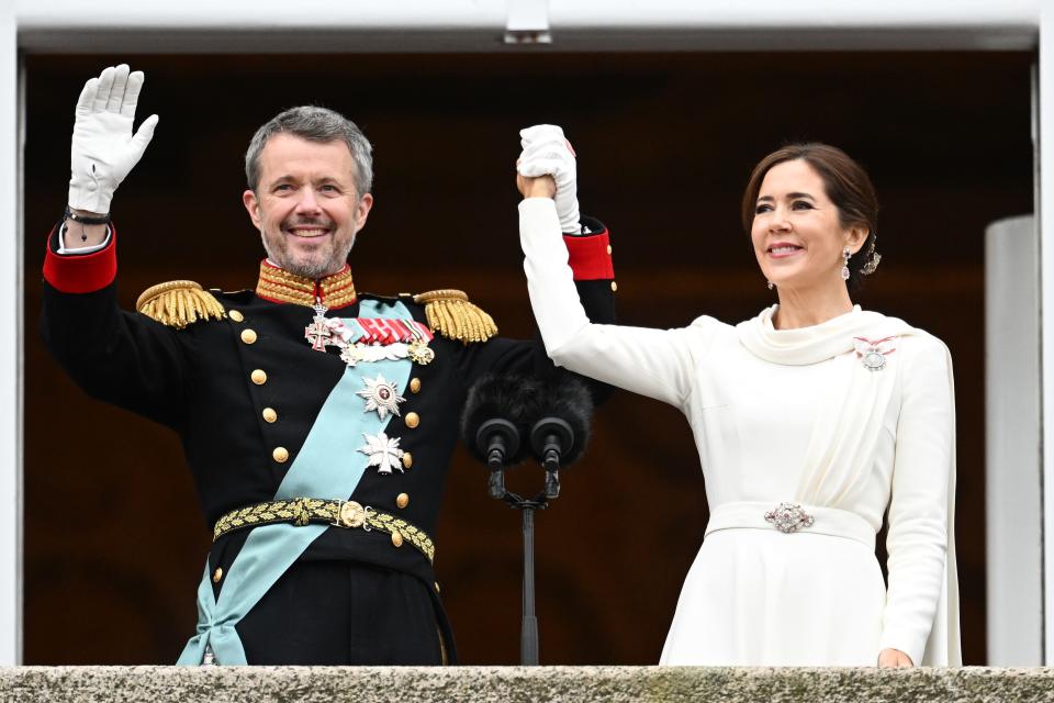 Danish King Frederik X and wife Queen Mary of Denmark after their proclamation by the Prime Minister, Mette Frederiksen on the balcony of Christiansborg Palace on January 14, 2024 in Copenhagen, Denmark. Her Majesty Queen Margrethe II steps down as Queen of Denmark and and entrusts the Danish throne to His Royal Highness The Crown Prince, who becomes His Majesty King Frederik X and Head of State of Denmark.