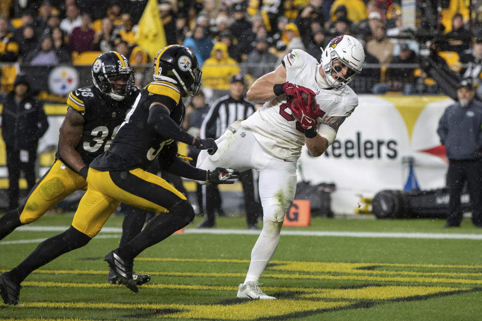 Arizona Cardinals tight end Trey McBride (85) attempts to catch a pass during an NFL football game, Sunday, Dec. 3, 2023, in Pittsburgh. (AP Photo/Matt Durisko)