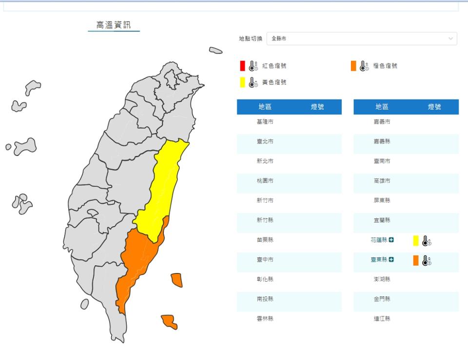 花東地區要留意36度以上高溫，北部及東北部山區要小心午後局部大雨。（圖：氣象署網站）