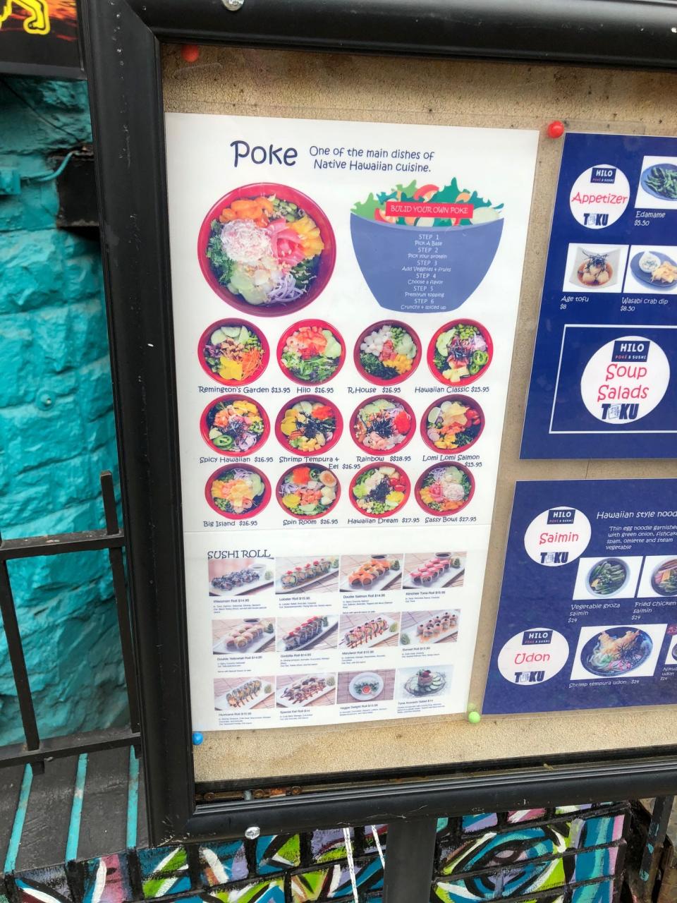 The menu at Hilo Poke & Sushi, featuring several poke bowls, such as the Hilo, the Spicy Hawaiian, and the R. House