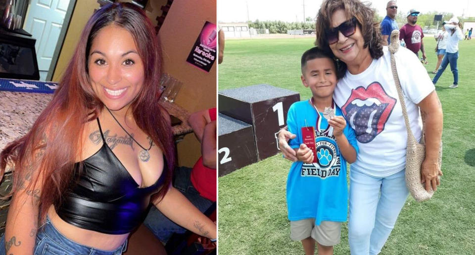 Shelby Celeste Salazar and her young son with grandmother Celia Gonzalez before the school shooting.