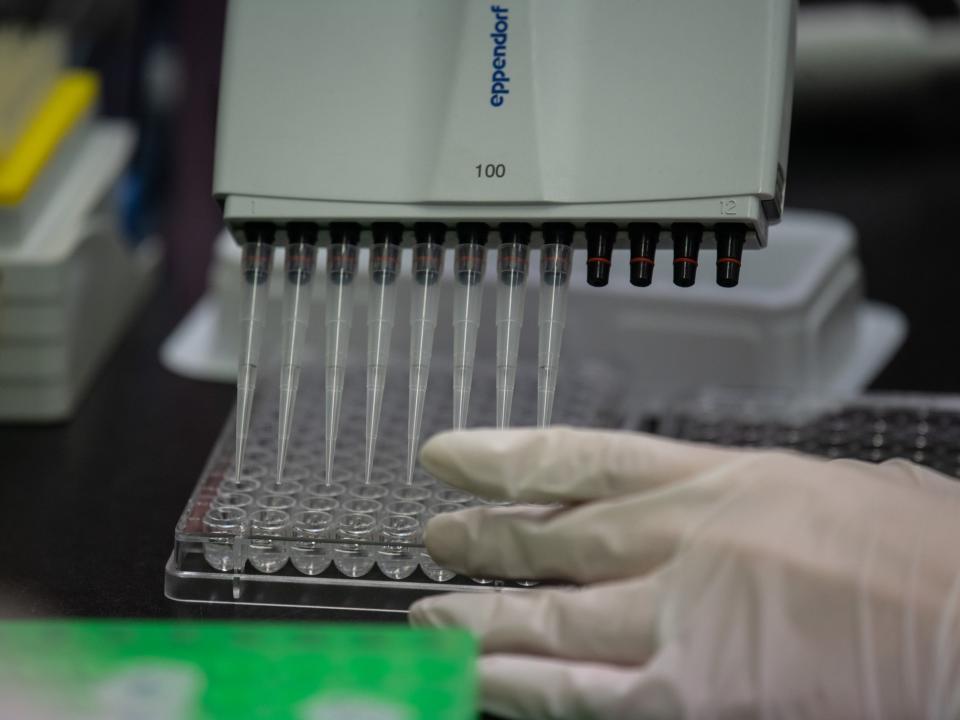 This photo taken on March 11, 2020 shows a lab techician working on a neutralising antibody test on MERS