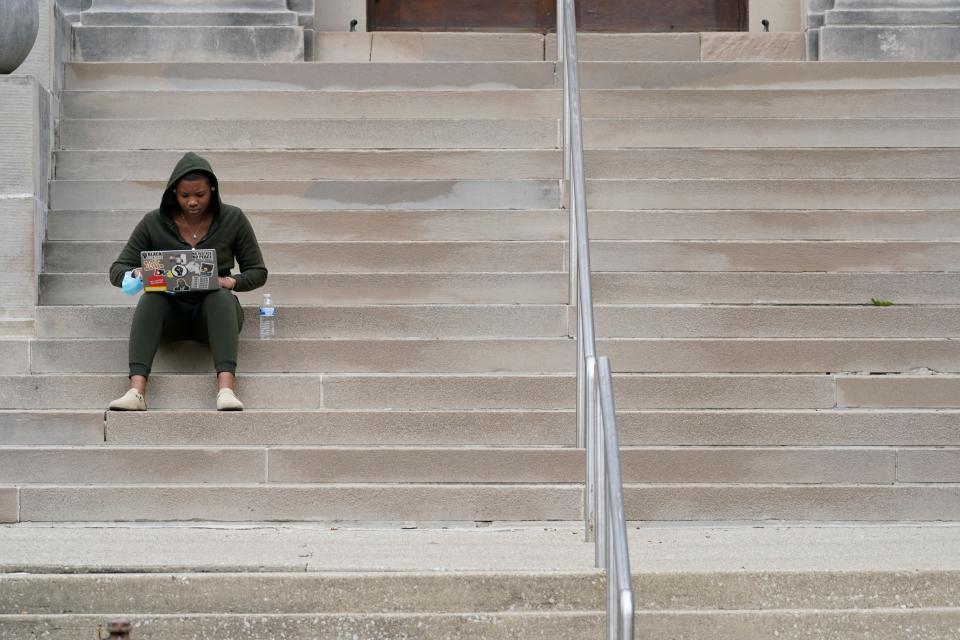 A student on the Indiana University campus in October 2021 in Bloomington.