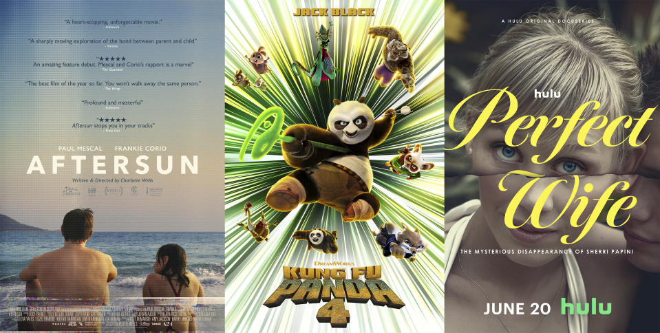 This combination of photos shows promotional art for the film "Aftersun," left, the animated film "Kung Fu Panda 4, center, and the series "Perfect Wife." (A24/Universal/Hulu via AP)