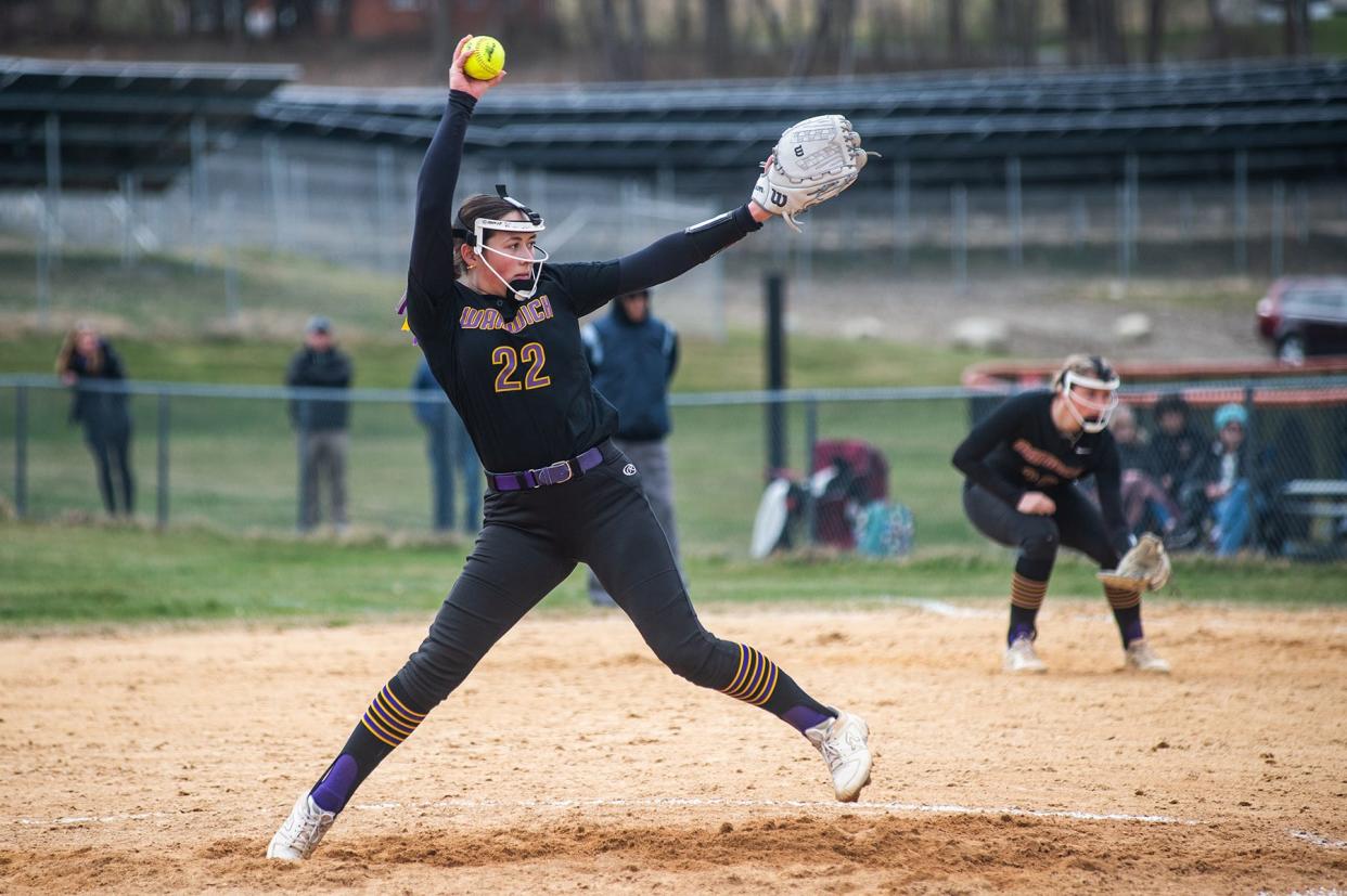 Warwick's Amanda Larsen pitches during the Section 9 girls softball game at Marlboro High School in Marlboro, NY on Tuesday, March 26, 2024. Marlboro defeated Warwick 5-0. KELLY MARSH/FOR THE TIMES HERALD-RECORD