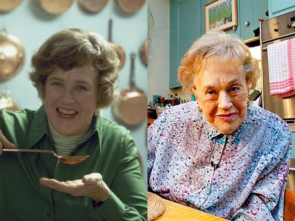 On the left, Julia Child in a green shirt holding a spoon. On the right, her in a purple patterned button down.