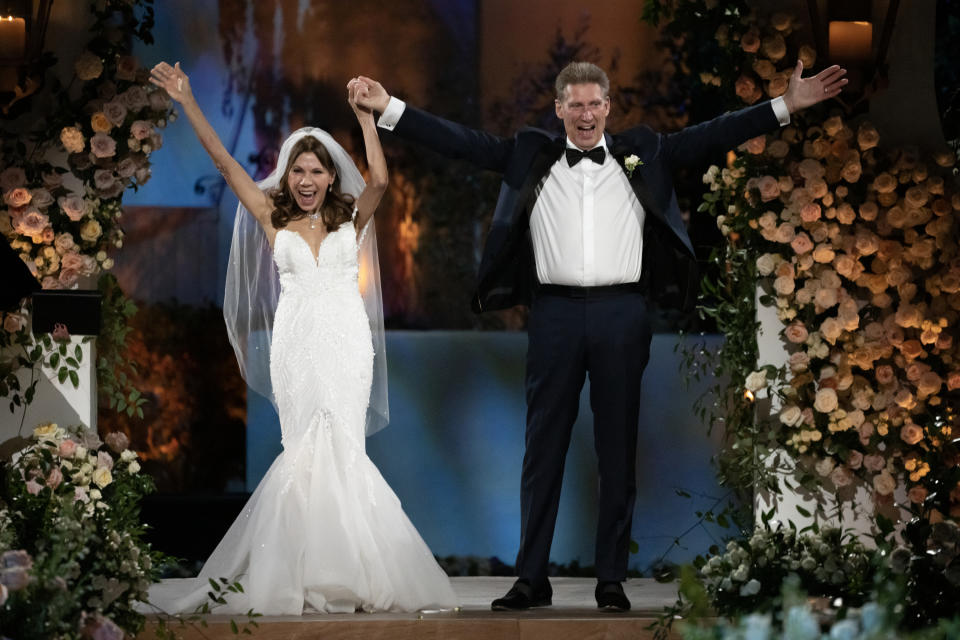 "The Golden Bachelor," wedding, Gerry Turner, Theresa Nist, sandal heels, gown, bedazzled, silver metallic