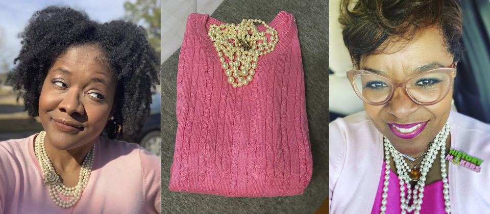 In this combination photo, Robyn Sherman appears in a selfie wearing a pink sweater with pearls, from left, a pink sweater and pearls appear in an image posted by Andrea Morgan and a selfie of Sondrea Tolbert shows her wearing pink with pearls to celebrate the inauguration of Vice President Kamala Harris. Alpha Kappa Alpha declared on Twitter that Jan. 20 would be Soror Kamala D. Harris Day and encouraged members to share photos of their celebrations with the hashtag #KamalaHarrisDay. (Robyn Sherman, from left, Andrea Morgan and Sondrea Tolbert via AP)