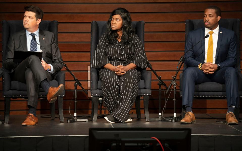 Democratic gubernatorial candidates Dr. Jason Brantley Martin, Dr. Carnita Faye Atwater and JB Smiley listen during a primary candidate forum hosted by The Tennessean at George Shinn Events Center on Lipscomb University's Campus Thursday, May 19, 2022, in Nashville, Tenn. 