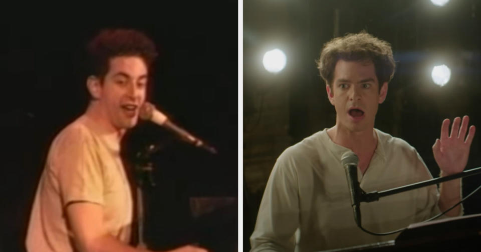 Jonathan Larson playing piano and singing; Andrew Garfield as Jonathan Larson, performing