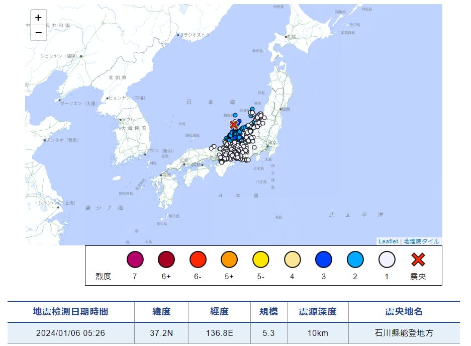 日本石川縣能登地區今晨5時26分又再度發生規模5.3地震。   圖/日本氣象廳