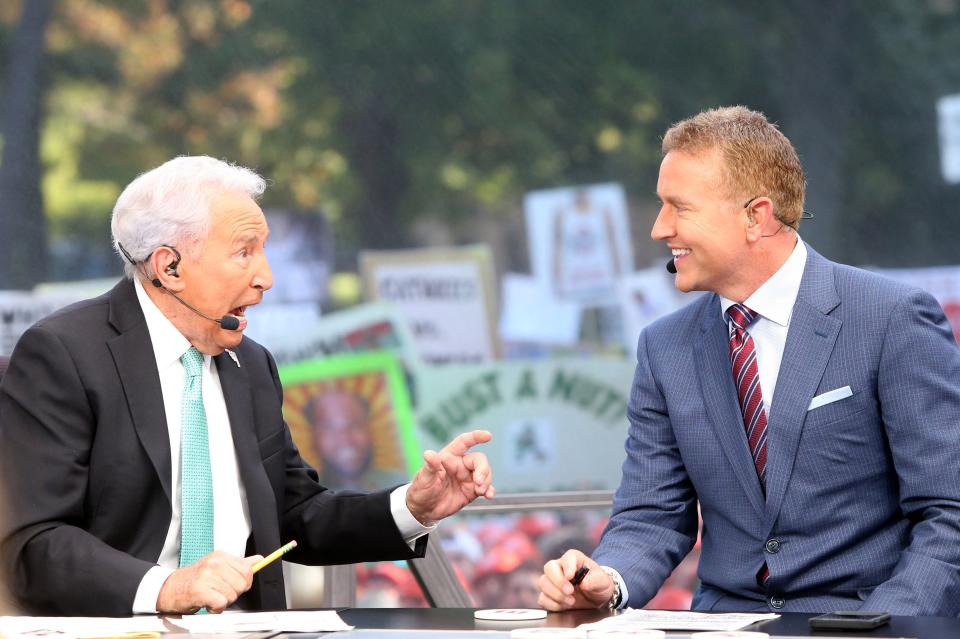 Hosts Lee Corso, at left, and Kirk Herbstreit talk during the ESPN College GameDay show on Saturday, Sept. 23, 2023, on the Hesburgh Library lawn on the University of Notre Dame campus in South Bend. The show was to highlight the Notre Dame-Ohio State game.