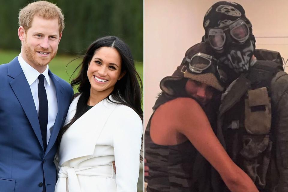 Prince Harry and Meghan Markle at their November 2017 engagement photo call; an image of their Halloween 2016 night out in the Netflix docuseries Harry & Meghan.