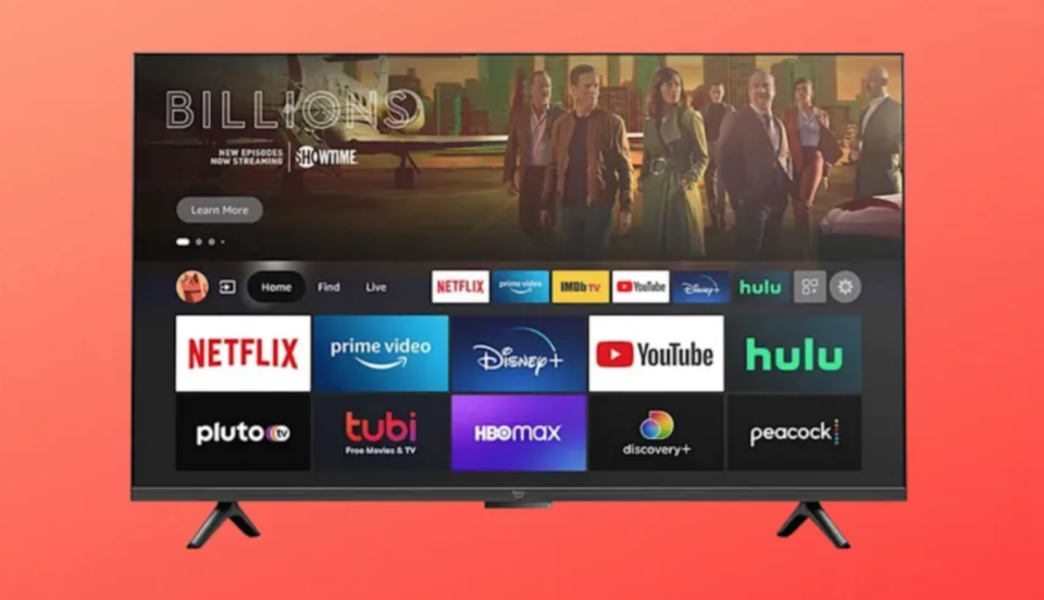 Flat screen TV showing streaming apps like Netflix, Prime Video, etc.