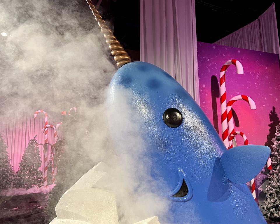 Peppermint-scented fog accompanies Mr. Narwhal as guests walk through the Candy Cane Forest. (Photo: Terri Peters)