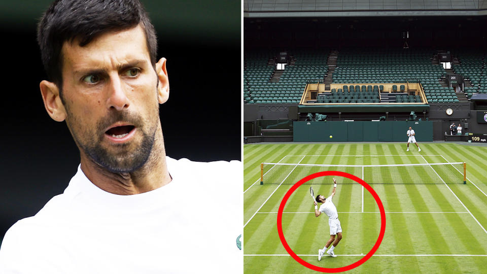 Novak Djokovic, pictured here practicing on Centre Court in a 145-year first for Wimbledon.