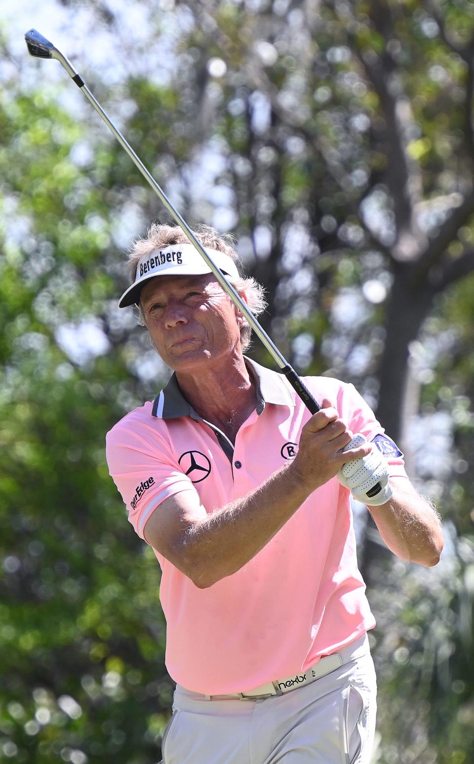 Bernhard Langer watches the flight of a tee shot on Sunday at the Tiburon Golf Club in Naples, where he won his record-tying 45th PGA Tour Champions event.