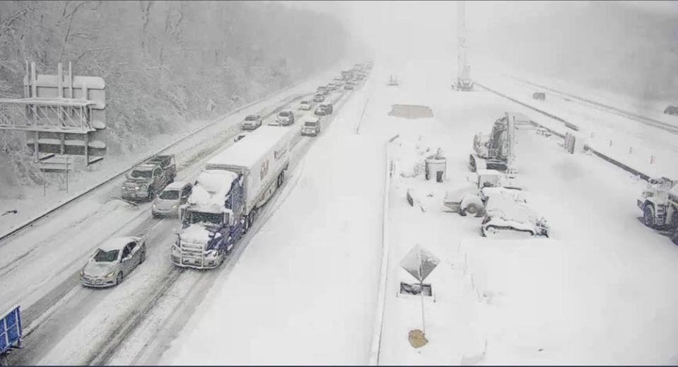 This image provided by the Virginia department of Transportation shows a closed section of Interstate 95 near Fredericksburg, Va. Monday Jan. 3, 2022. (Virginia Department of Transportation via AP)