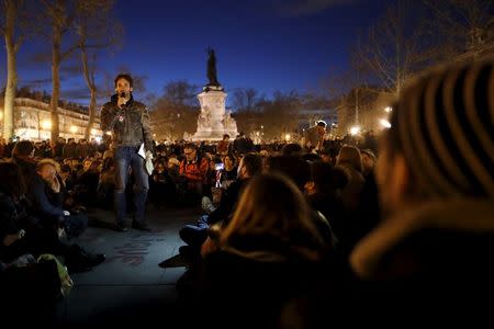 Supporters of social media-driven movement "Nuit Debout" (Up All Night), gather on the Place de la Republique in Paris, France, against a French labour law proposal, April 11, 2016. REUTERS/Benoit Tessier