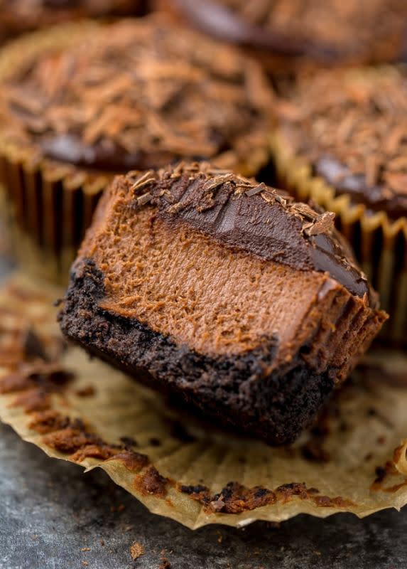 <p>Baker by Nature</p><p>These rich and creamy mini chocolate cheesecakes are made in a muffin pan! So easy and perfect for serving a crowd. Make up to two months in advance and store in the freezer!</p><p><strong>Get the recipe: <a href="https://bakerbynature.com/mini-chocolate-cheesecakes/" rel="nofollow noopener" target="_blank" data-ylk="slk:Mini Chocolate Cheesecakes;elm:context_link;itc:0;sec:content-canvas" class="link ">Mini Chocolate Cheesecakes</a></strong></p>