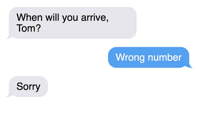 A text exchange to the wrong number, ending in, "Sorry"