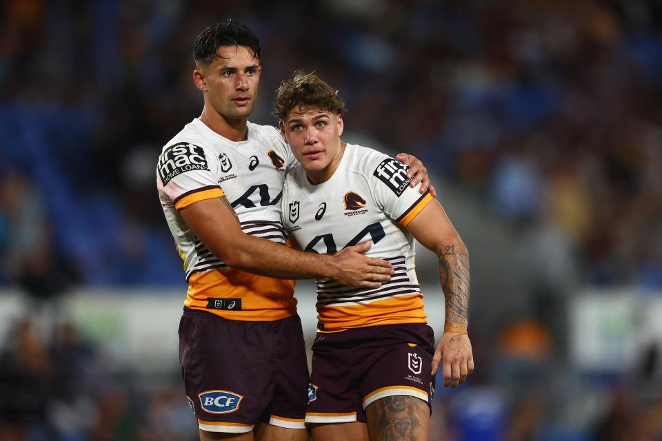 GOLD COAST, AUSTRALIA - APRIL 15: Jesse Arthars and Reece Walsh of the Broncos celebrate winning during the round seven NRL match between Gold Coast Titans and Brisbane Broncos at Cbus Super Stadium on April 15, 2023 in Gold Coast, Australia. (Photo by Chris Hyde/Getty Images)