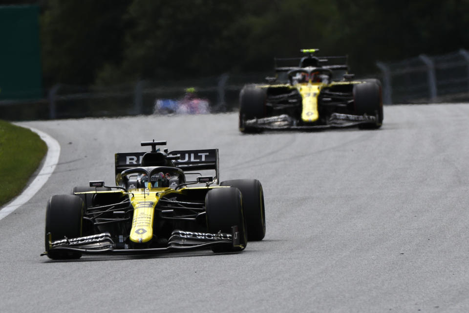 Renault's Australian driver Daniel Ricciardo steers his car in front Renault's French driver Esteban Ocon during the Formula One Styrian Grand Prix race on July 12, 2020 in Spielberg, Austria. (Photo by LEONHARD FOEGER / POOL / AFP) (Photo by LEONHARD FOEGER/POOL/AFP via Getty Images)