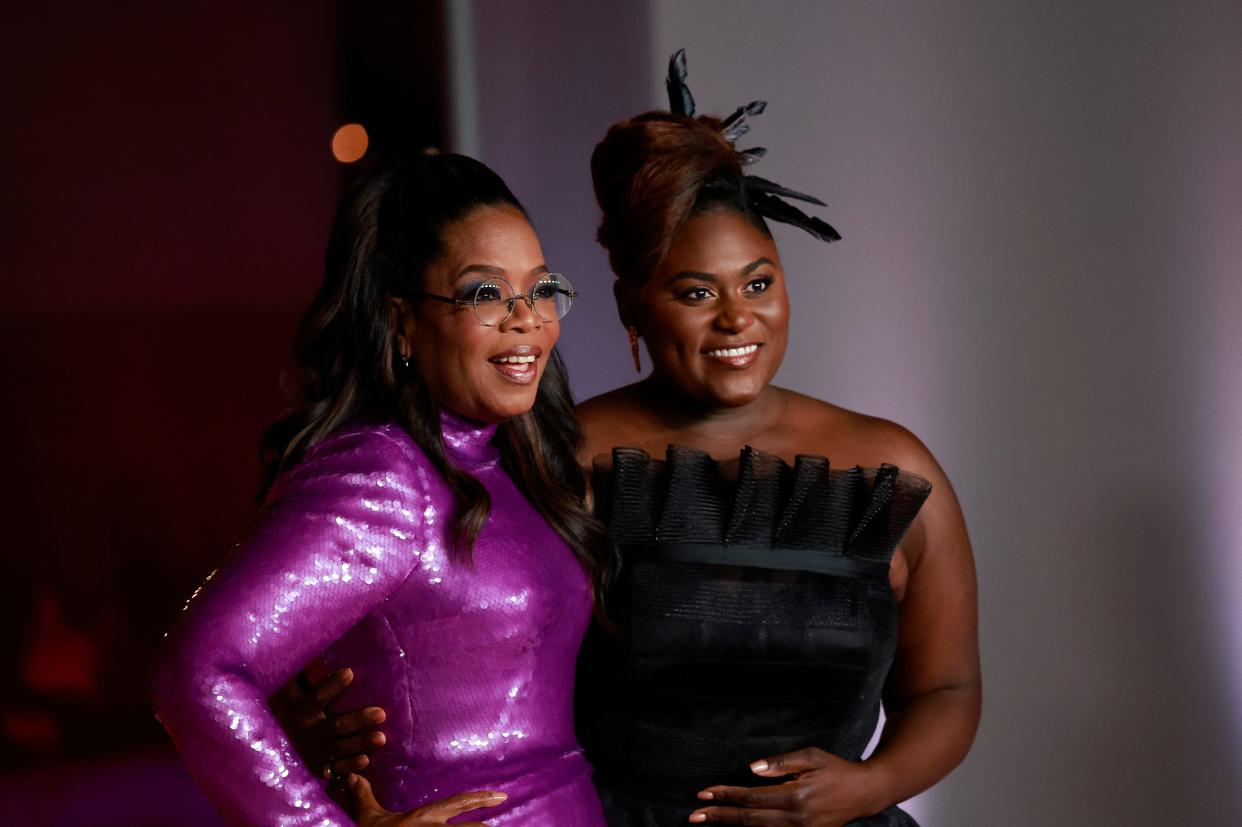 US producer/actress Oprah Winfrey and US actress Danielle Brooks (R) attend the 3rd Annual Academy Museum Gala at the Academy Museum of Motion Pictures in Los Angeles, December 3, 2023. (Photo by Michael Tran / AFP) (Photo by MICHAEL TRAN/AFP via Getty Images) ORG XMIT: 776019689 ORIG FILE ID: 1819264849