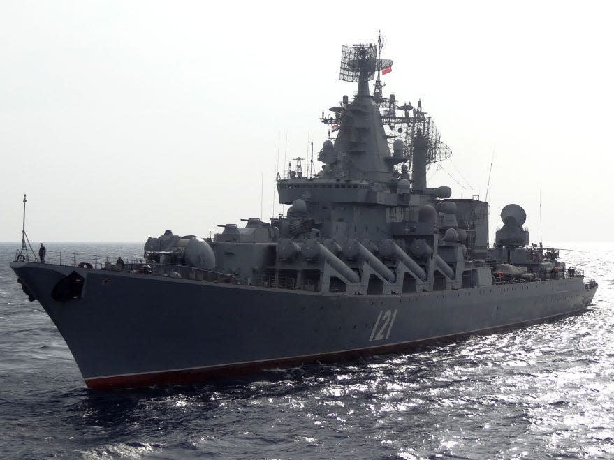 The Russian missile cruiser Moskva patrols in the Mediterranean Sea, off the coast of Syria, on December 17, 2015.