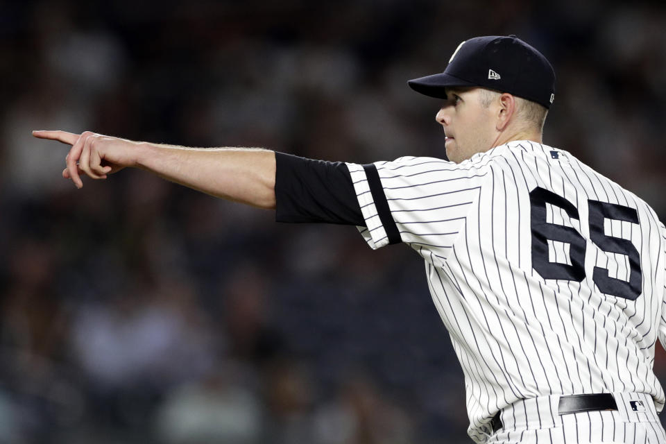NEW YORK, NY - SEPTEMBER 3: James Paxton #65 of the New York Yankees reacts during the fifth inning against the Texas Rangers at Yankee Stadium on September 3, 2019 in the Bronx borough of New York City. (Photo by Adam Hunger/Getty Images)