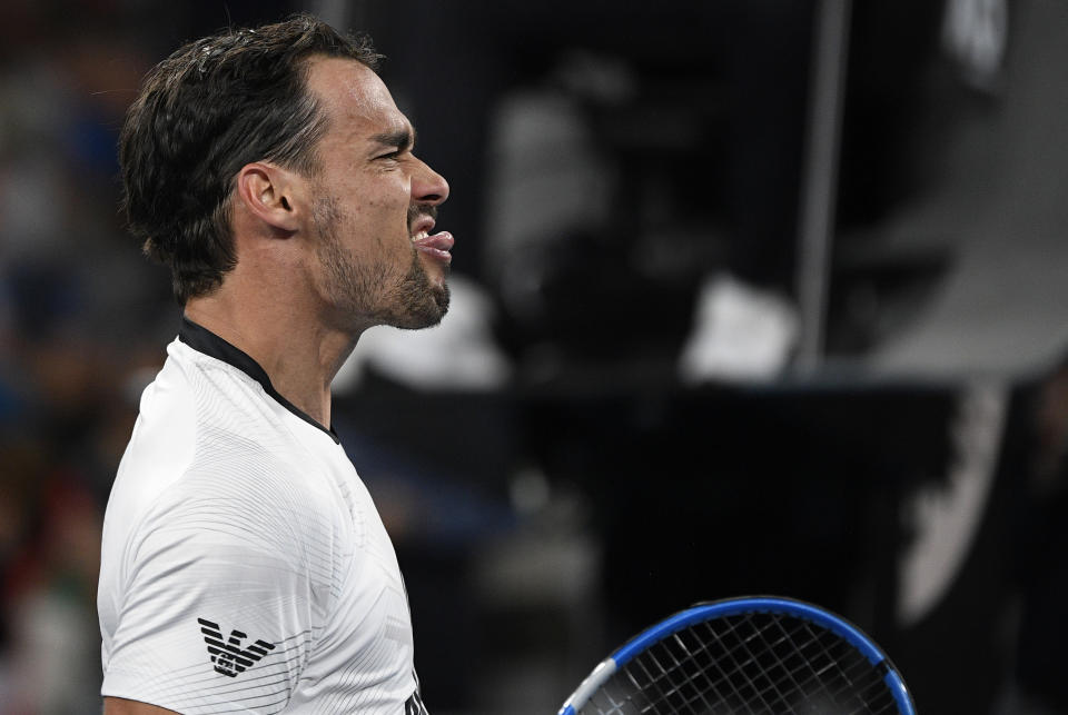 Italy's Fabio Fognini celebrates after defeating Guido Pella of Argentina in their third round singles match at the Australian Open tennis championship in Melbourne, Australia, Friday, Jan. 24, 2020. (AP Photo/Andy Brownbill)